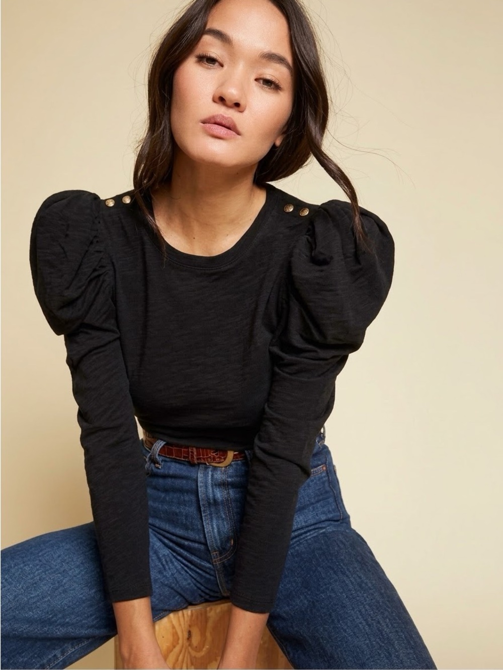 Nation LTD LA Krista Feminine Party Tee Size Small Black Long Sleeve Puff Sleeve